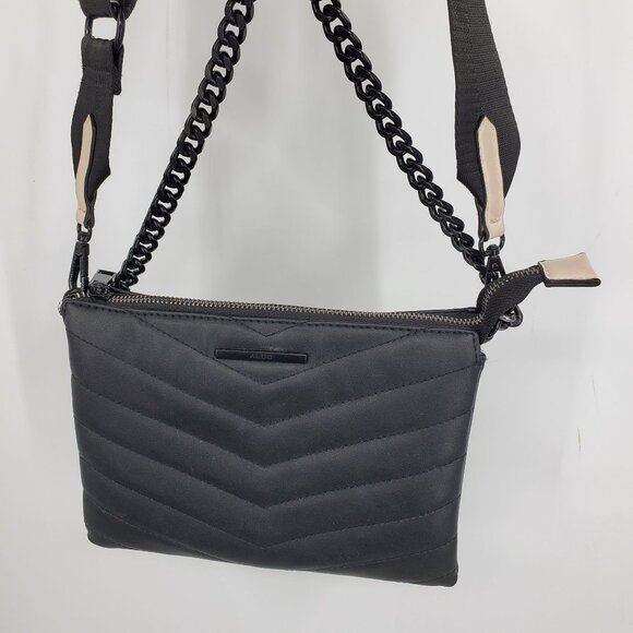 Aldo Women's Black Quilted Zip Up Off White Chain Shoulder Strap Purse Bag - Picture 1 of 12